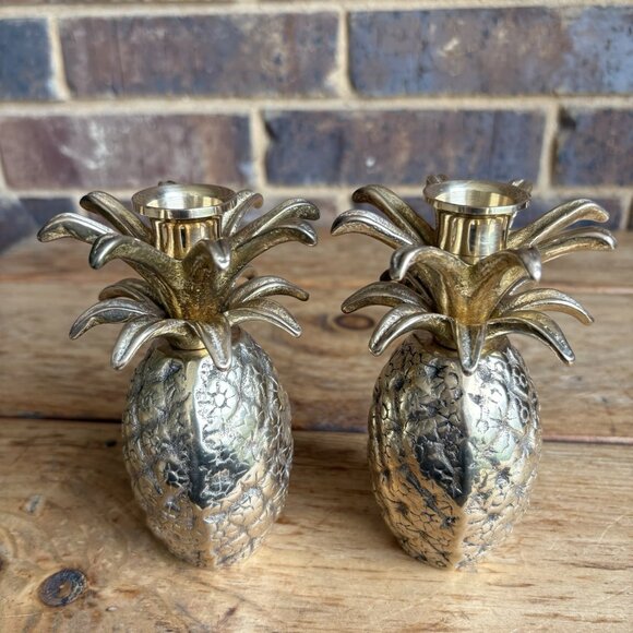 Vintage MCM Solid Brass Pineapple Candlestick Holders Set Of 2 - Picture 3 of 11